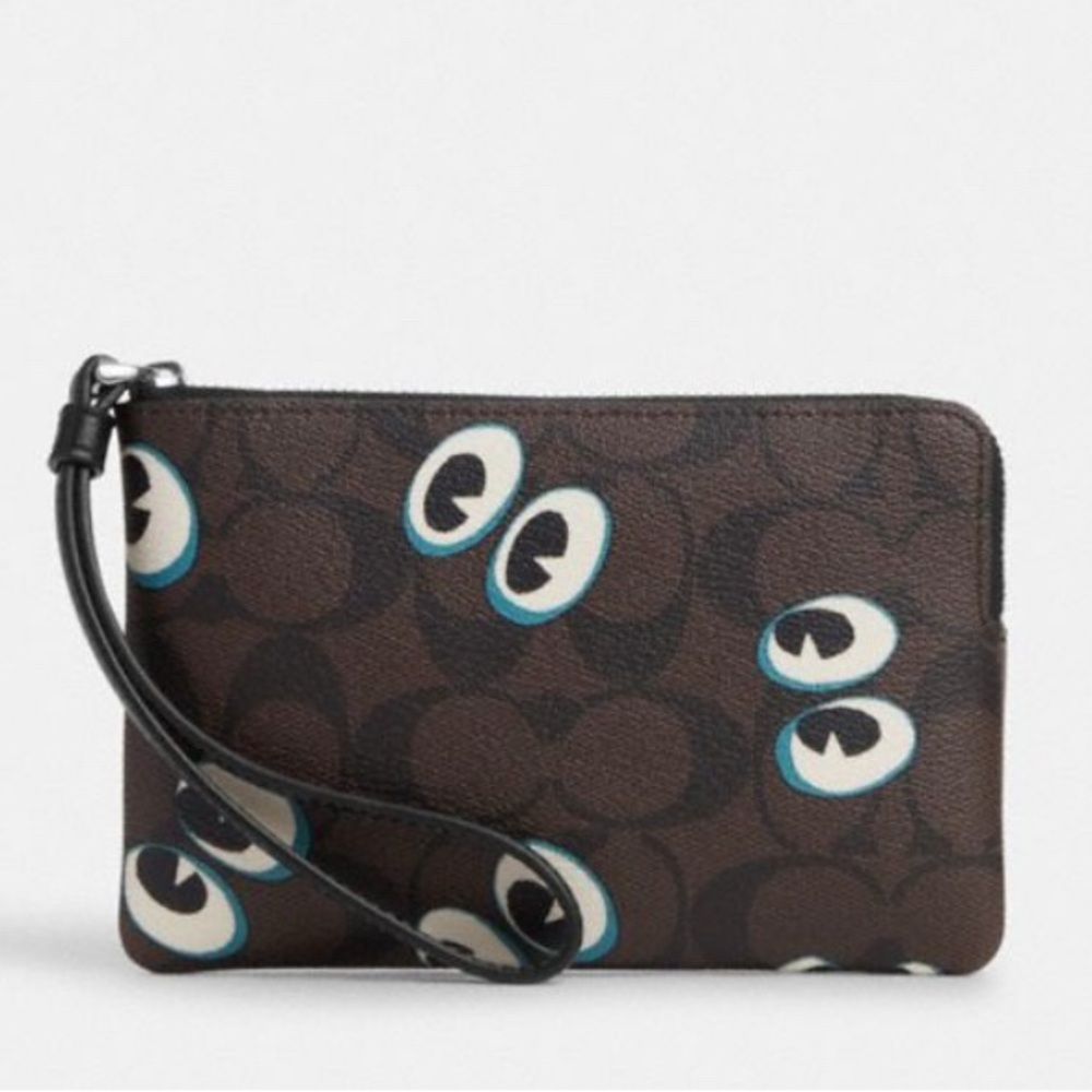 Coach Corner Zip Wristlet In Signature Canvas With Halloween Eyes CN005 NWT